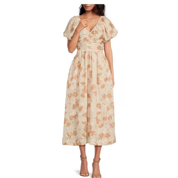 EN SAISONFlorence Ruched Floral Midi A-Line Dress - Peach Taupe